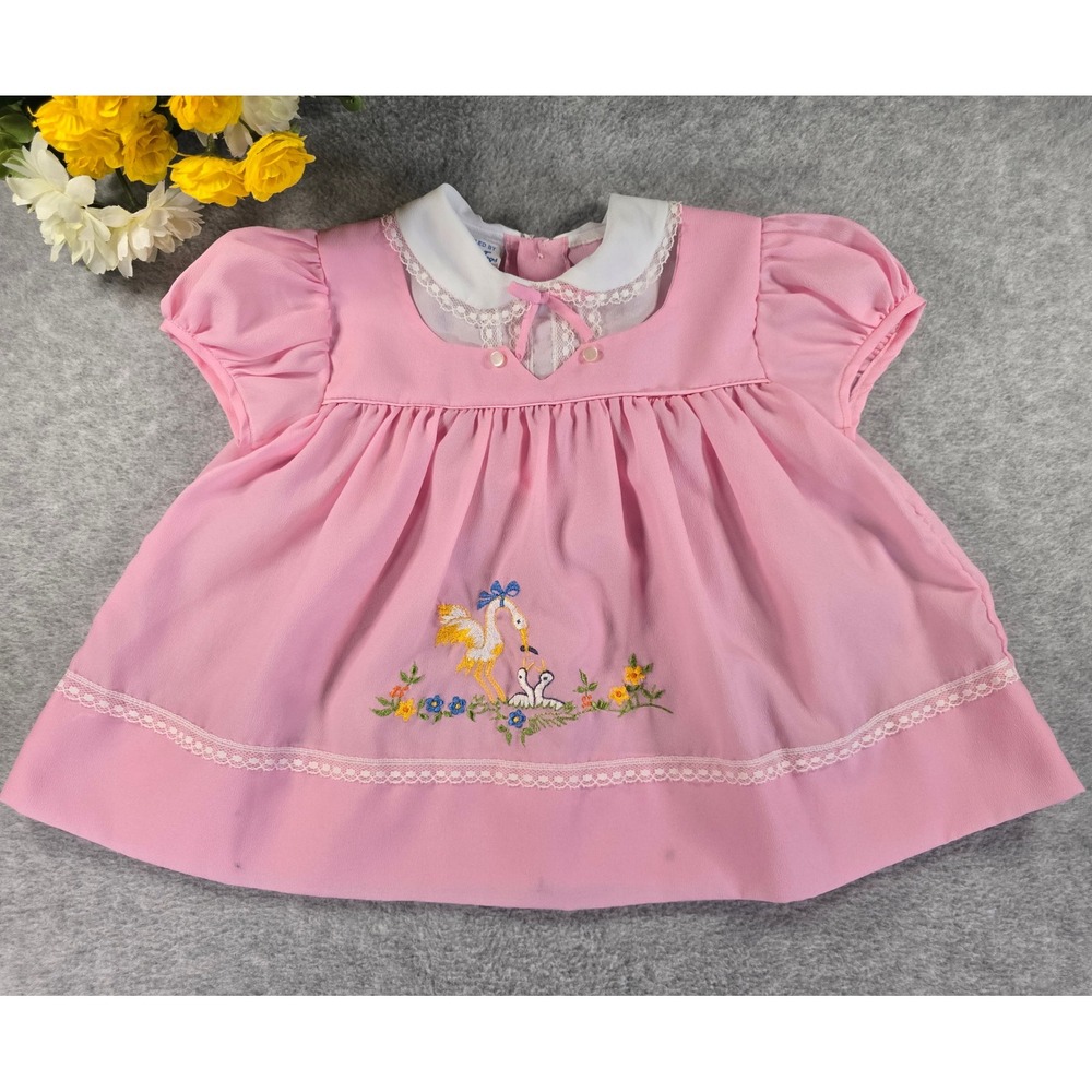 Vintage 80s Cradle Togs Pink Embroidered Stork Baby Dress Lace Trim Cottagecore